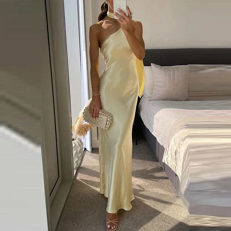 

LIBIELIY Lady Elegant Sleeveless Asymmetrical Party Dress Casual Hight Waist Evening Maxi Dress Sexy Slash Collar Halter Satin