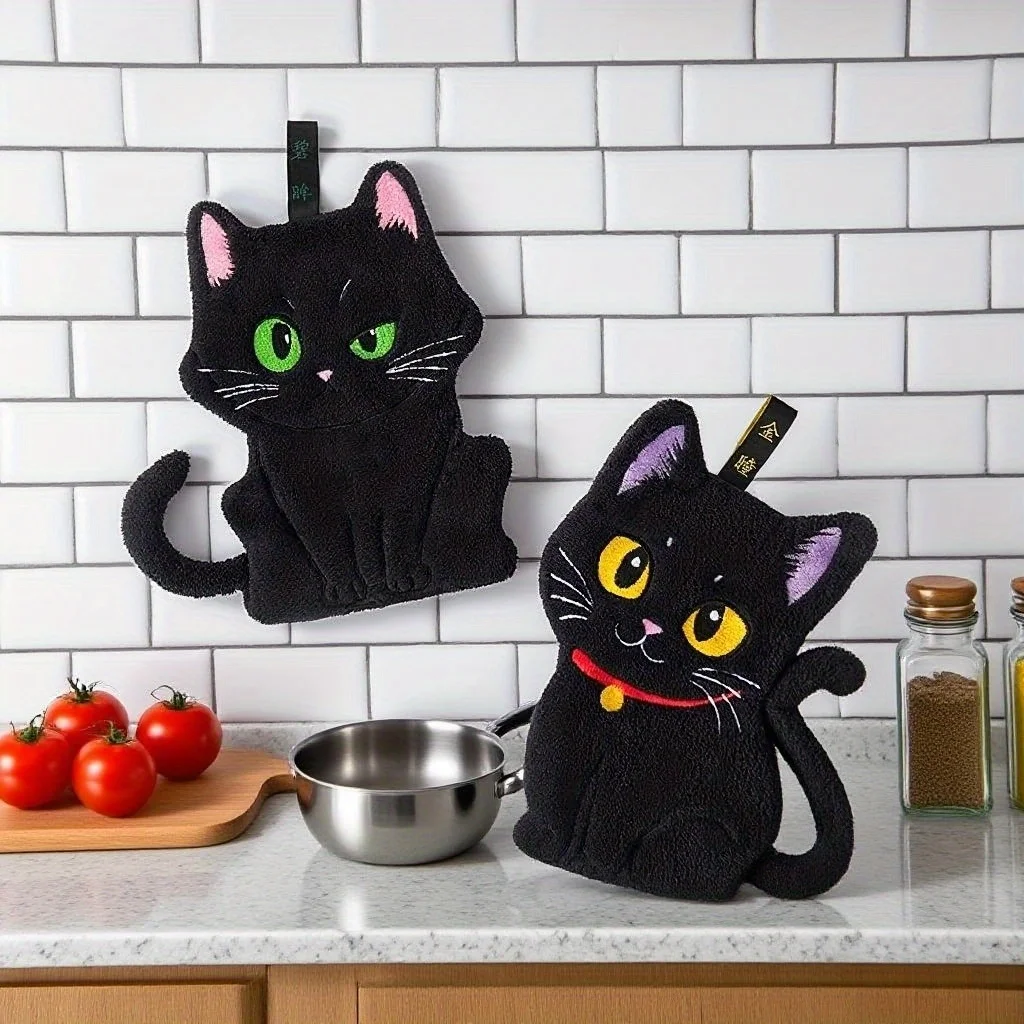 قطعتان، منشفة يد مطرزة على شكل قطة سوداء، مادة صوف مرجاني، منشفة يد معلقة للحمام والمطبخ، منشفة تنظيف.
