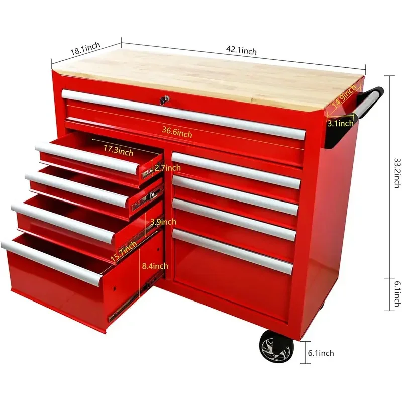 9-Drawer Rolling Tool Chest 42INCH Steel Tool Storage Cabinet with 4 Steering Wheels, Ball-Bearing Drawers Trolley