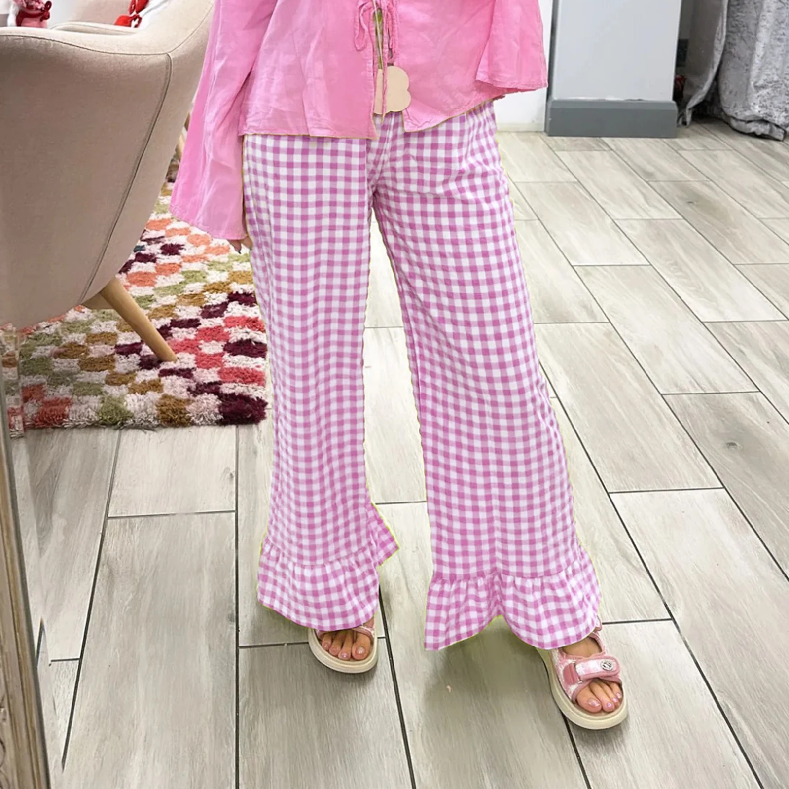 Womens Y2k Plaid Print Pants Gingham Ruffled Hem Elastic Waistband Wide Leg Loose Casual Pajama Trousers Streetweart