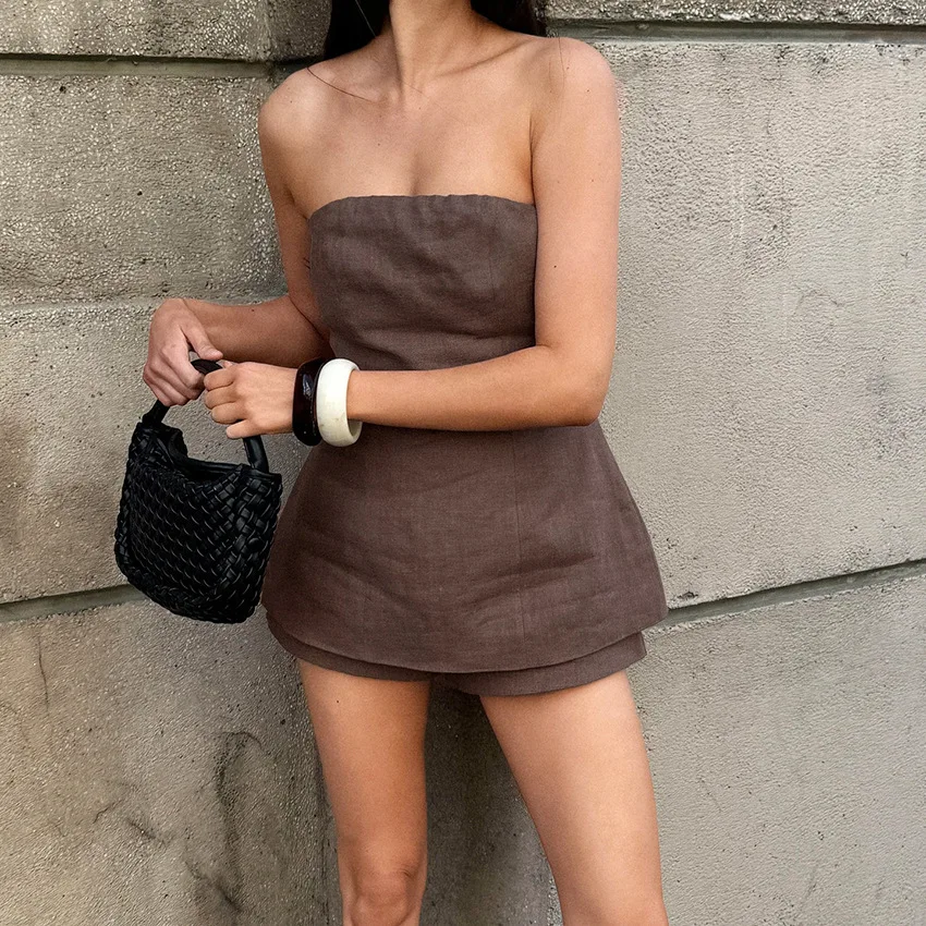 2026 Spring Summer New Arrival Women Cotton Bandeau Tank Top Shorts Two Piece Set European Casual Office Work Versatile Fashion