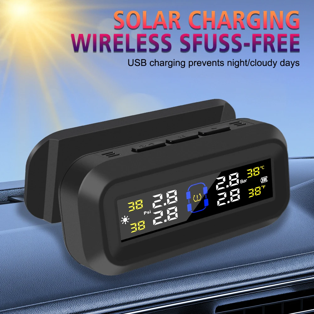 

Tyre Temperature Monitor Auto Security Alarm Tire Pressure Monitoring System Solar USB Powered Car TPMS Digital LCD Display