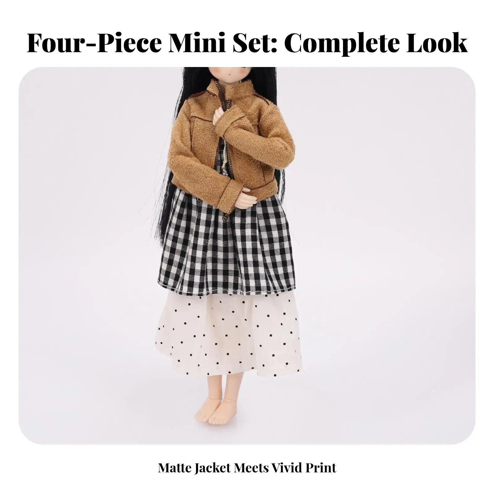 Adorable Doll Ensemble Brown Textured Suede Jacket Checkered Mini Skirt White Dot Skirt Necklace for Doll Photography Creative
