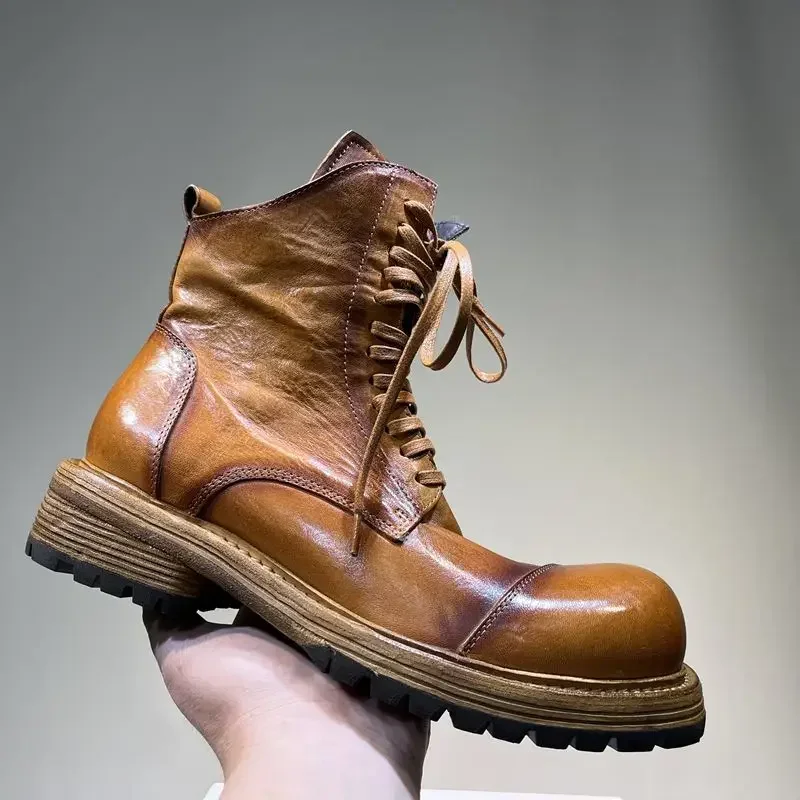 Men\'s Leather Thick Soles Lace-up Mid-barrel Heightening Recreational Heavy Industry Wash Motorcycle Boots for Men