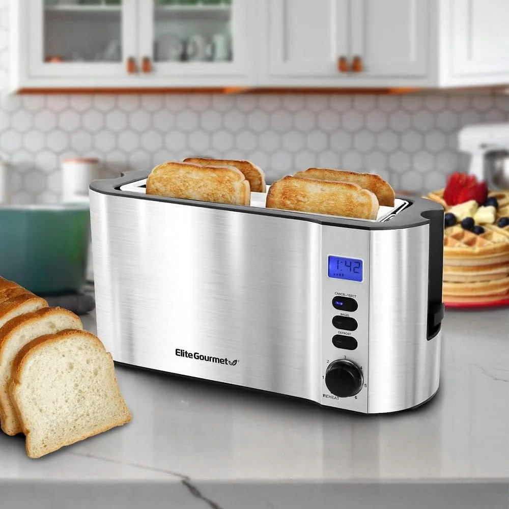 4 Slice Toaster with Countdown Timer Defrost Cancel Functions Extra Wide Slots for Bagels and Waffles TOAST-IQ Smart Technology