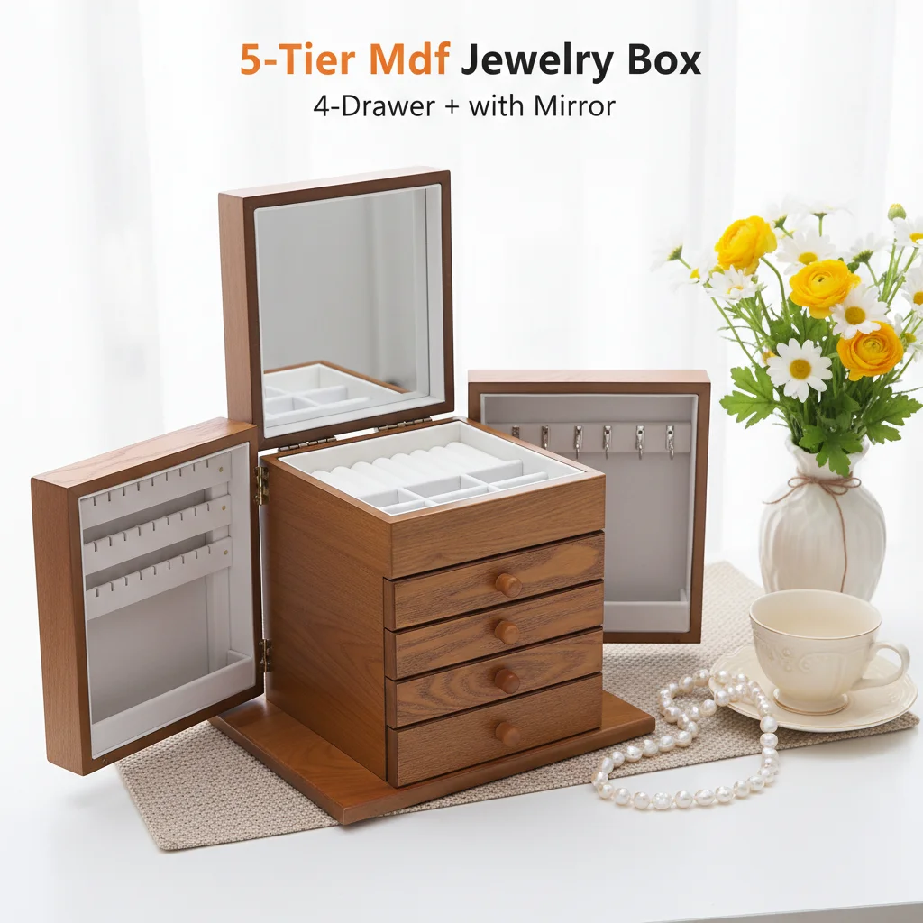 

5-Tier Mdf Jewelry Box 4-Drawer Jewelry Organizer Multi-compartment Storage Case with Mirror for Necklace Earring Ring Gift