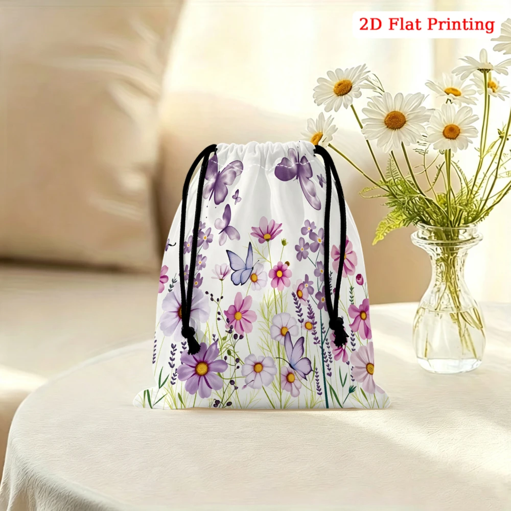 1pc Floral Butterfly Print Drawstring Bag White Flower Pattern Storage Small Pouch For Travel Cosmetics Jewelry Organizer Portab