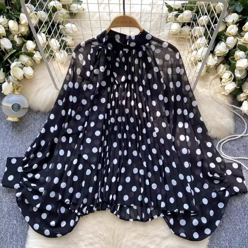 بلوزات أنيقة على الموضة تناسب الجميع بلوزات ذات نقطة مموجة بيضاء 2025 قميص جديد كبير الحجم للسيدات لربيع الخريف بلوزات فضفاضة Mujer #1