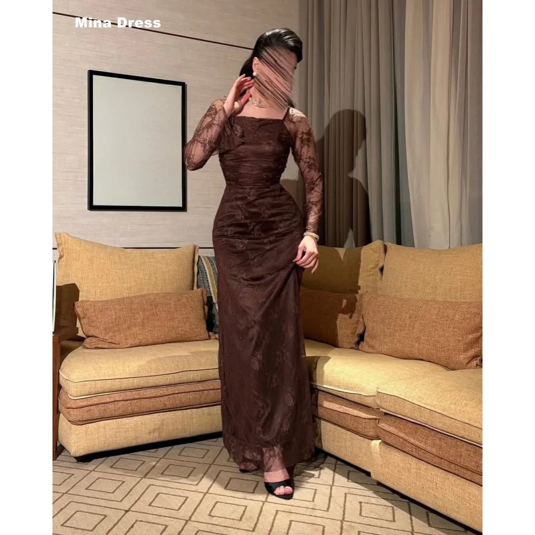Mina Customized Brown Formal & Evening Gowns Embroidered Long Sleeves Luxury Women's Elegant Party Dress Blue Round Neck Dresses