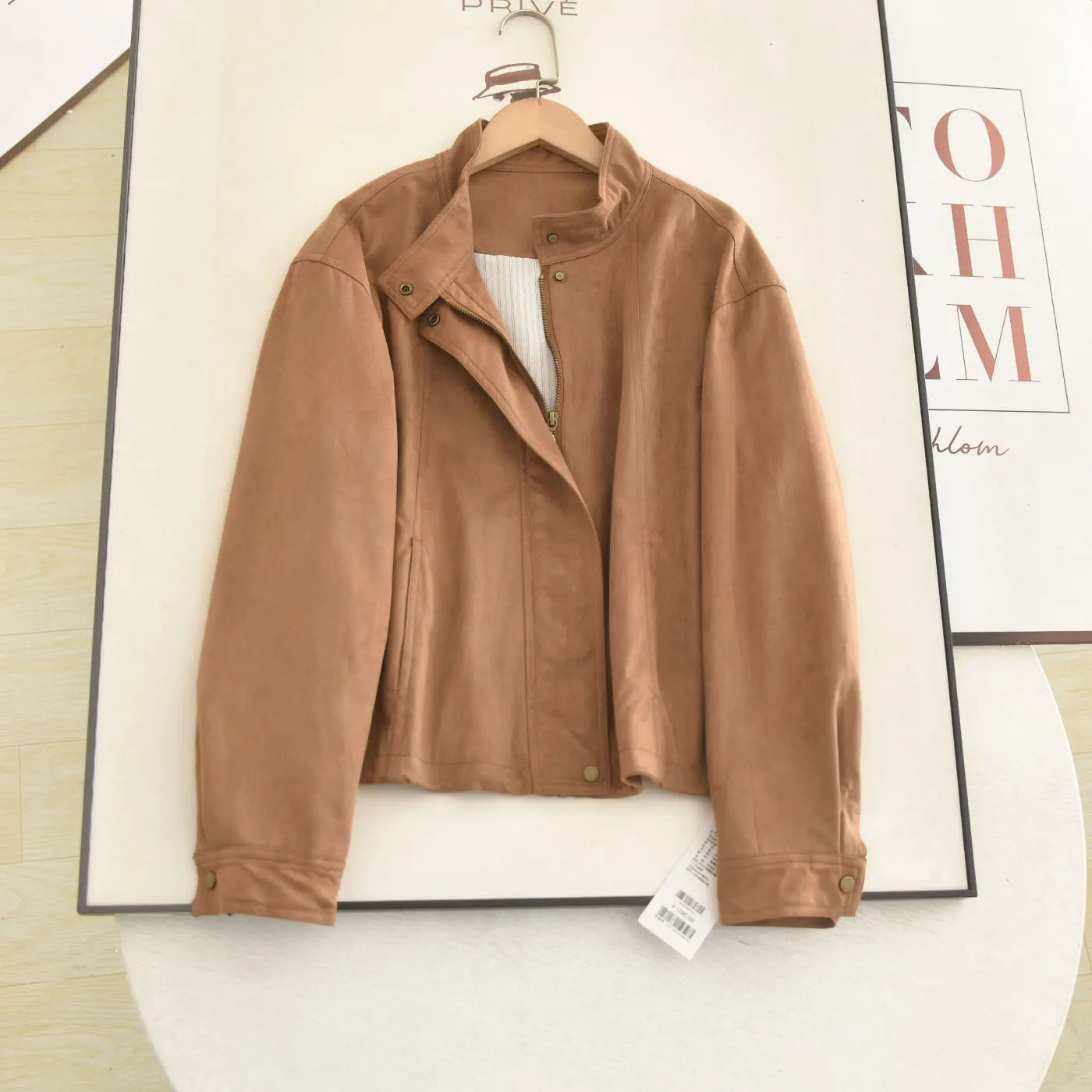 Vintage Camel Fake Suede Cropped Jacket For Women Stand Collar Snap Button Casual Daily Commuter Ladies Short Outerwear Coat Y2K