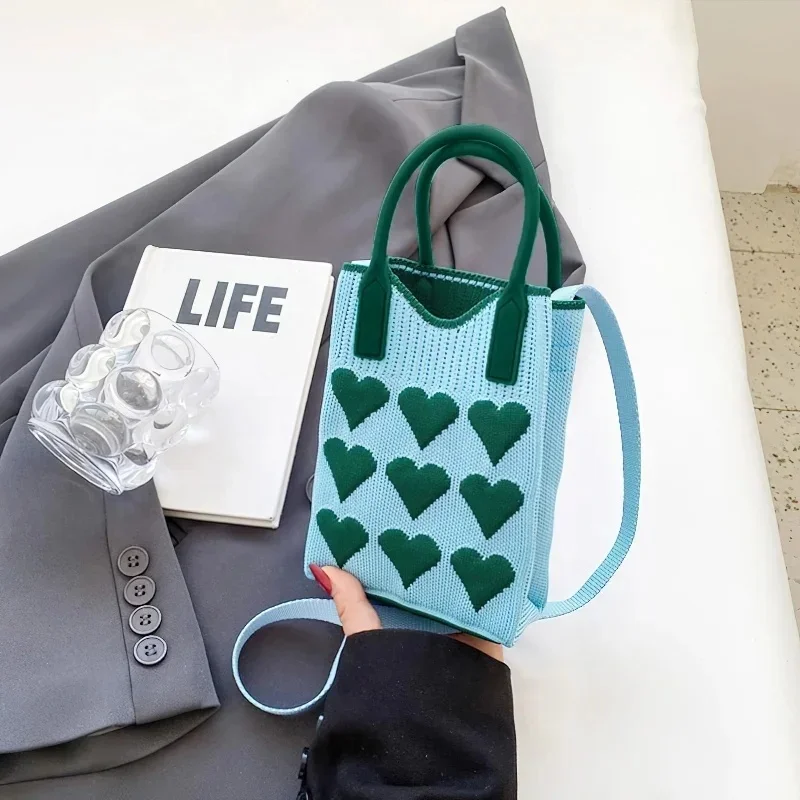 حقيبة يد مربعة صغيرة محبوكة على شكل قلب على الموضة الكورية للنساء حقائب كتف صغيرة للهاتف المحمول للفتيات حقائب كروس لطيفة للاستخدام الخارجي #6