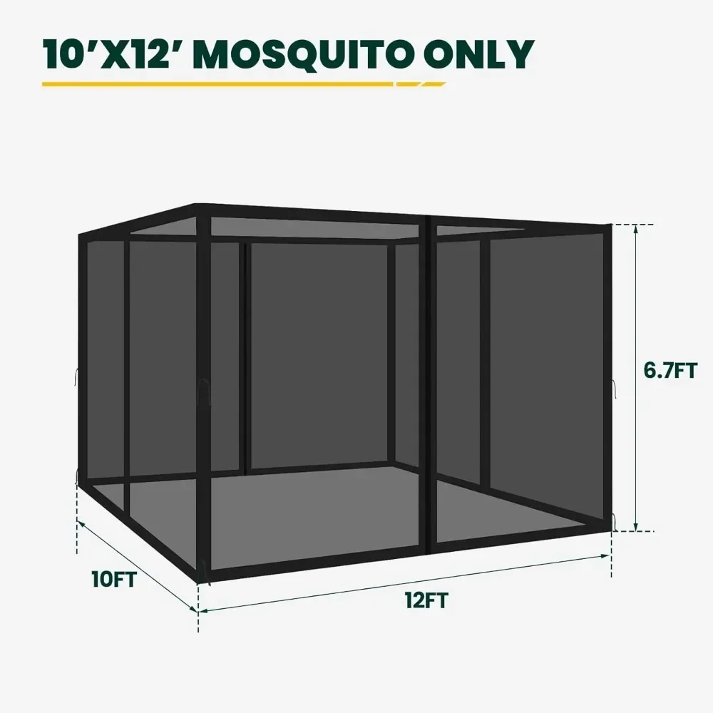 Gazebo jaring nyamuk pengganti Universal, 10 'x 12' layar jaring kanopi luar ruangan 4-Panel tirai sisi, dengan ritsleting