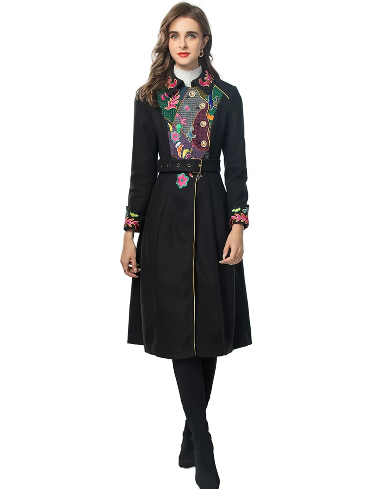 Seasixiang Fashion Designer Autumn Winter Tweed Coat Women Turn-down Collar Long Sleeves Sashes Indie Folk Embroidery Outerwear