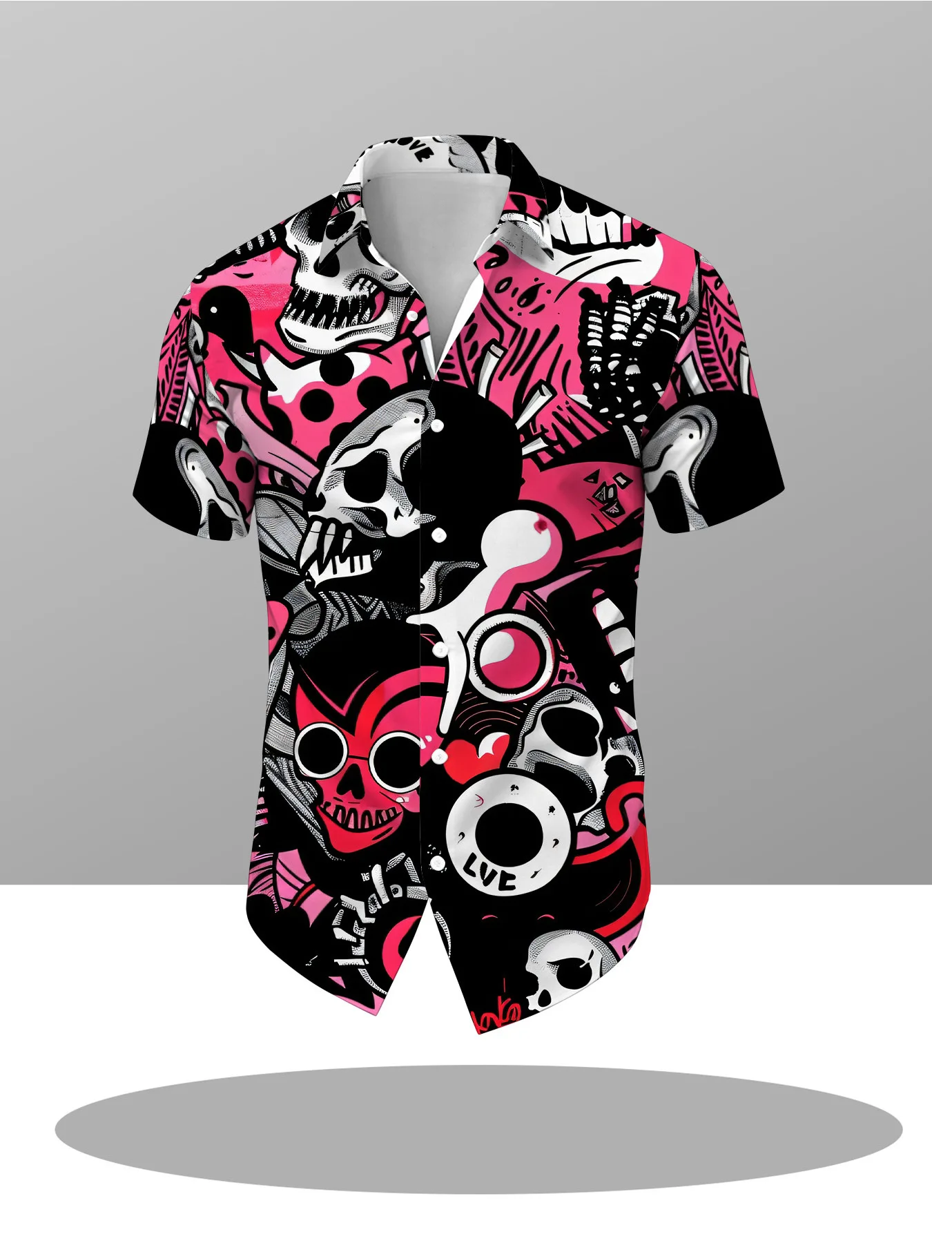 Men Short Sleeve Button Down Shirt Pink Black Skull Graffiti Print Polyester Halloween Party Blouse