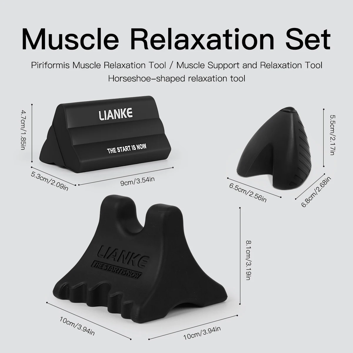 A set of piriformis, horseshoe, and double-peak massage tools,designed to relieve muscle soreness throughout the body.