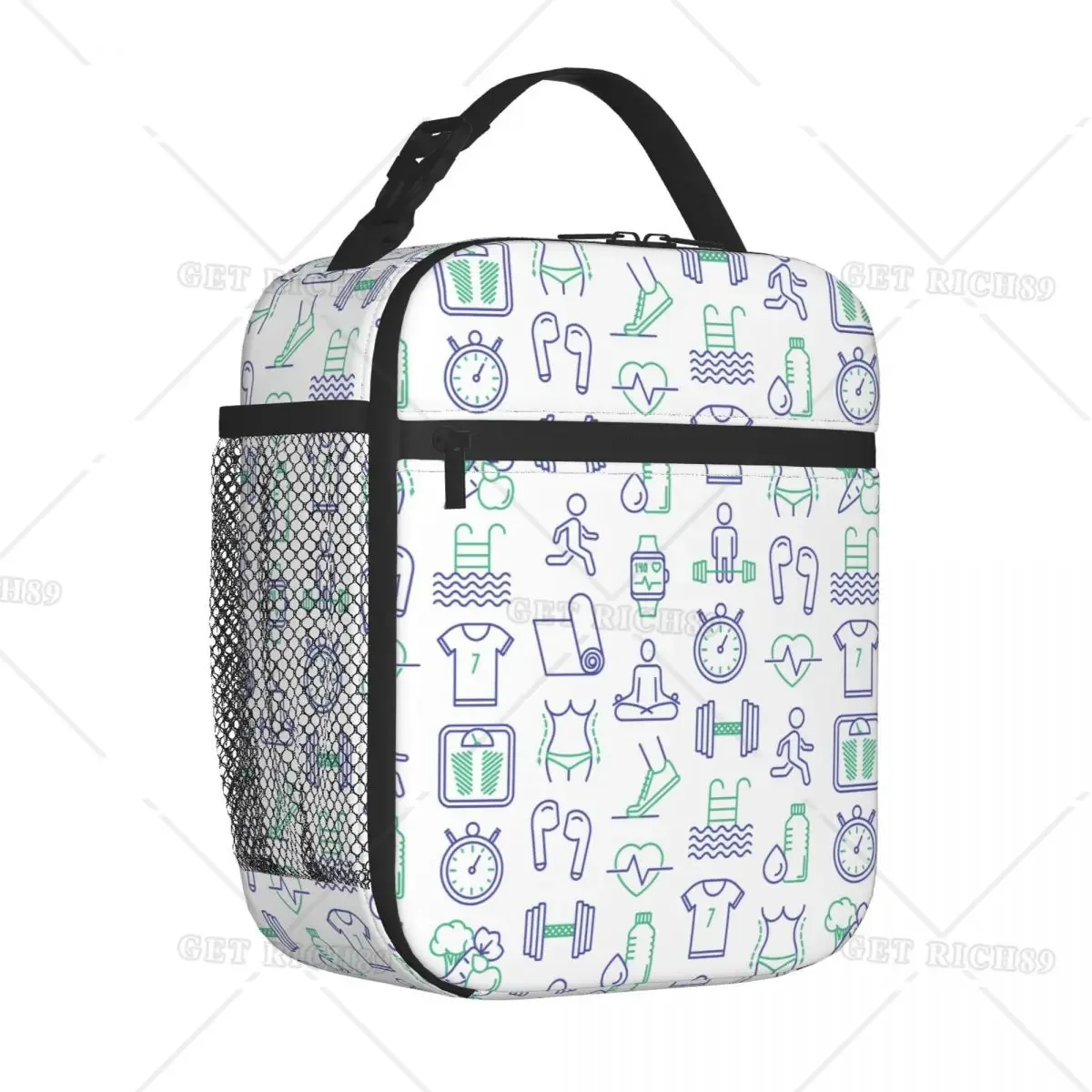 

Fitness Thin Line Icons Yoga Modern Merch Insulated Lunch Bag School Food Box Portable All Season Cooler Thermal Lunch Box