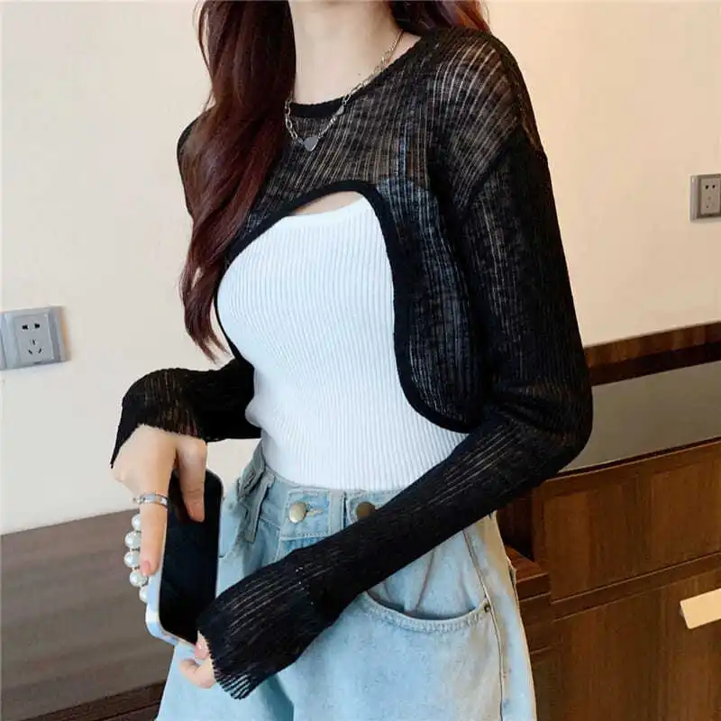 Hot Cropped Shrugs Women Knitwear High Street Long Sleeve O-neck Cool Girls Stylish Solid Color Irregular Female Chic All-match