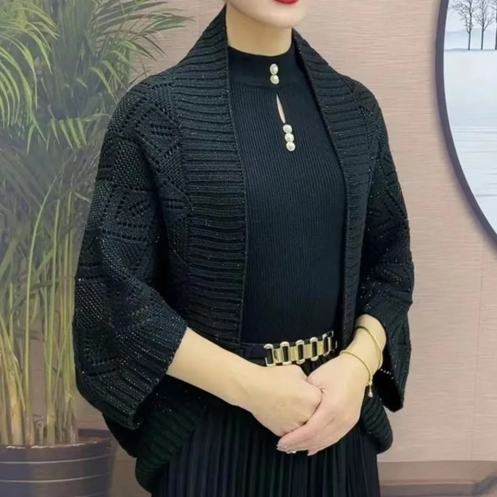 

Элегантная простая вязаная шаль, теплая накидка с открытой строчкой, повседневное женское пальто с длинными рукавами