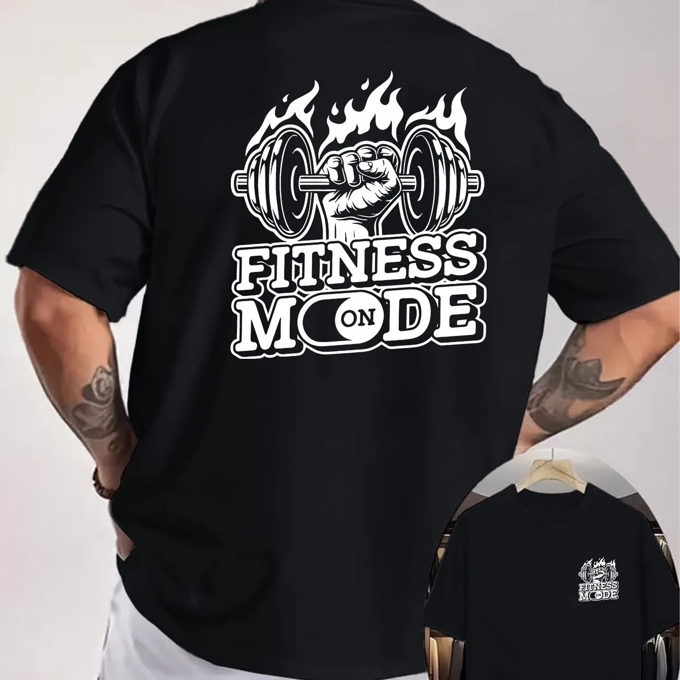 Fitness Mode Flame Dumbbell Graphic Tee Breathable Cotton Short Sleeve Workout Shirt for Men