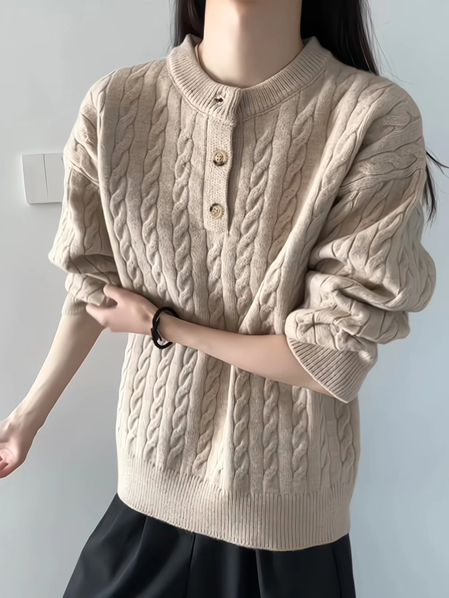 

Khaki Tweed Henry Collar Knitwear Men's Sle Autumn High-End Lazy Sle Heavy Knitted Warm Outerwear Comfortable Casual Sweater