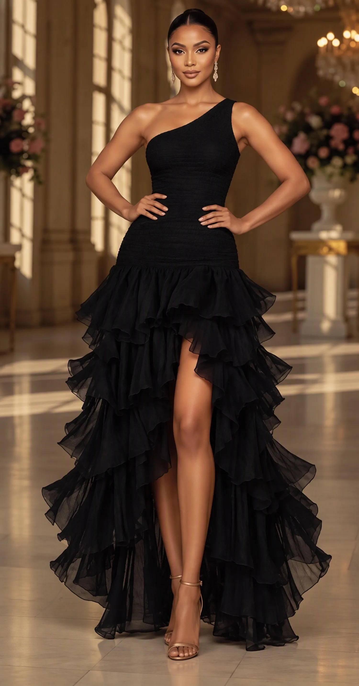 Damen One-Shoulder-Rüschen-Bodycon-Maxikleid mit gestuften Rüschen, Tüll, High-Low-Saum und hohem Schlitz, formelles Abend- und Cocktailkleid
