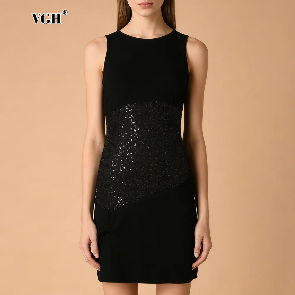 

Роскошное черное облегающее мини-платье VGH для коктейльных вечеринок, с круглым вырезом, без рукавов, с пайетками, для торжественных мероприятий
