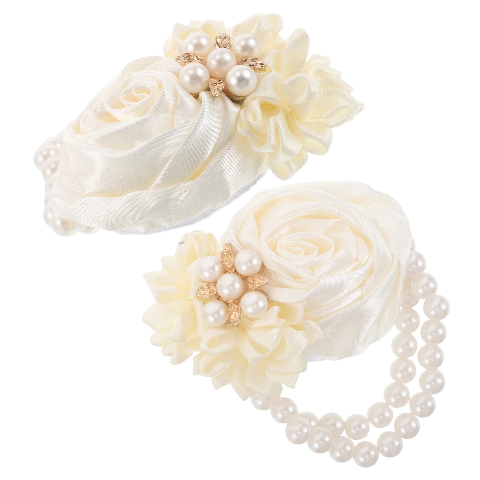 

2Pcs Wedding Artificial Flower Wrist Corsage Bracelet Fake Pearl Hand Flower Wristlet Band Bridal Bridesmaids Ceremony Party