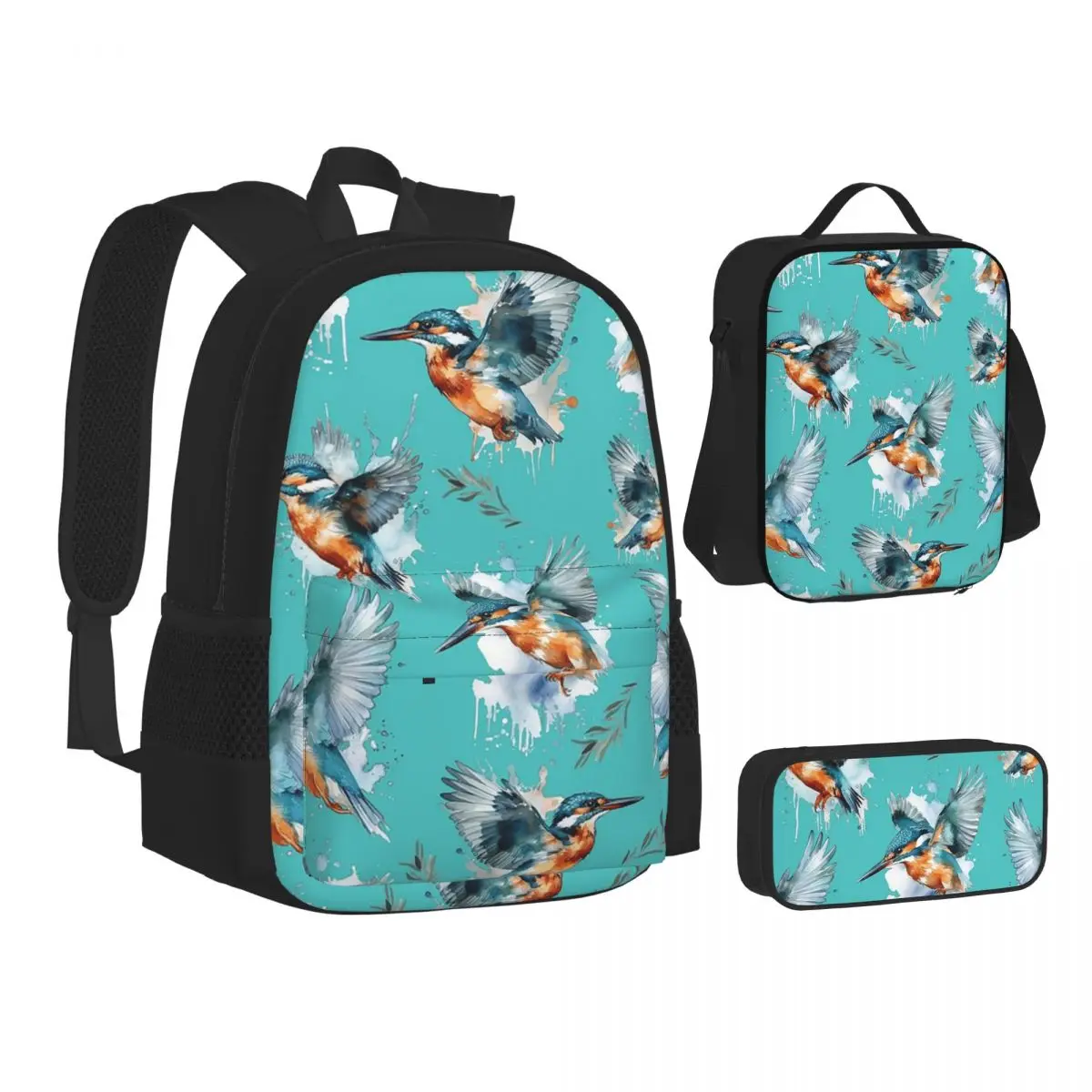 

Kingfisher Pattern Backpacks Boys Girls Bookbag School Bags Kids Rucksack Lunch Bag Pen Bag Three-Piece Set