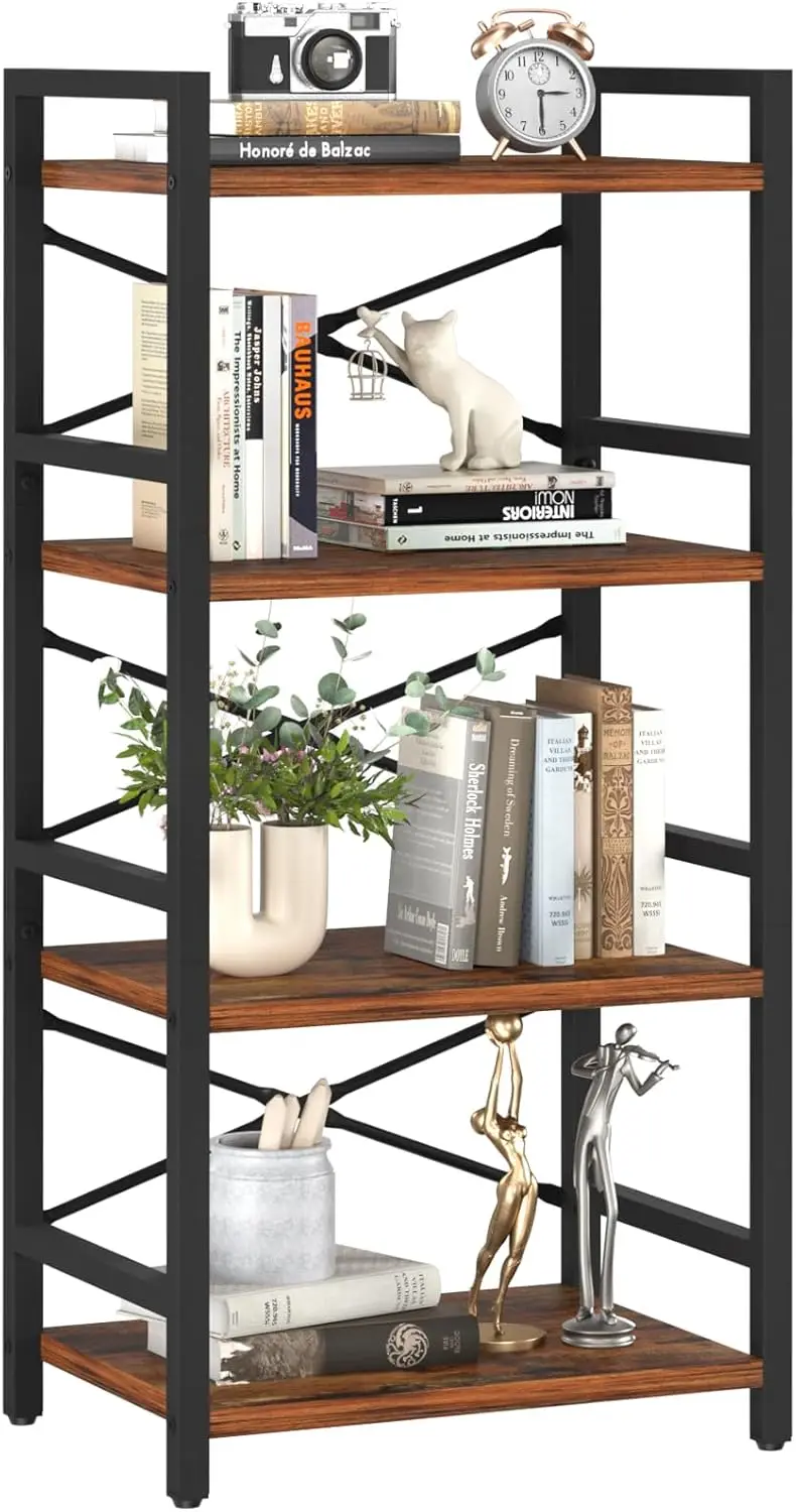 

4 Tier Bookshelf - Small Book Shelf Industrial Bookcase, Narrow Book Case Book Storage Organizer For Cd/Movie/Book, Bookshelves