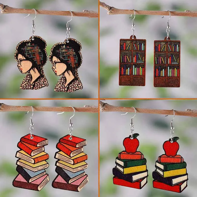 Personality Leopard Print Bookcase Earrings 3D Apple Textbook Library Bookcase Wood Double Sided Ear Rings Student Teacher Gift