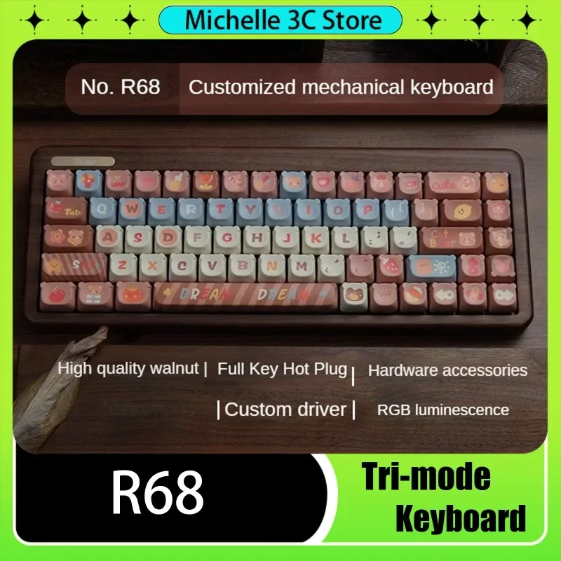 

R68 Custom Wooden Mechanical Keyboard Made of Walnut 68keys Hot Swappable RGB Dynamic Music Rhythm Frosted Texture Customization