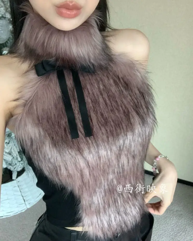 Sexy Hot Girl Bow Halterneck Plush Splicing Camisole Women's Vest Autumn Inner Furry Sleeveless Tank Crop Top Female Clothes