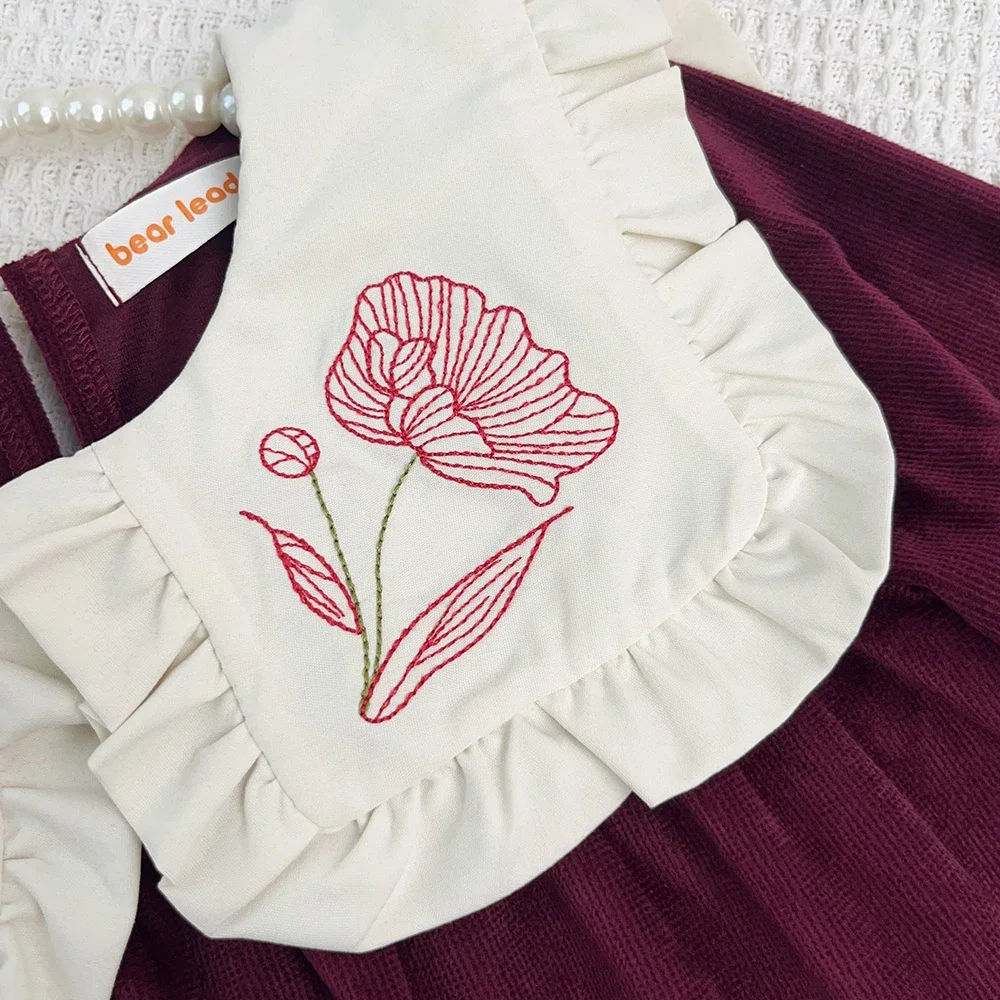 Koreanisches Stickerei-Blumen-Revers-Langarmkleid für Mädchen, Weinrot, Weihnachts- und Neujahrs-Kinderkleidung, Süßes Prinzessinnenkleid – Detail 5