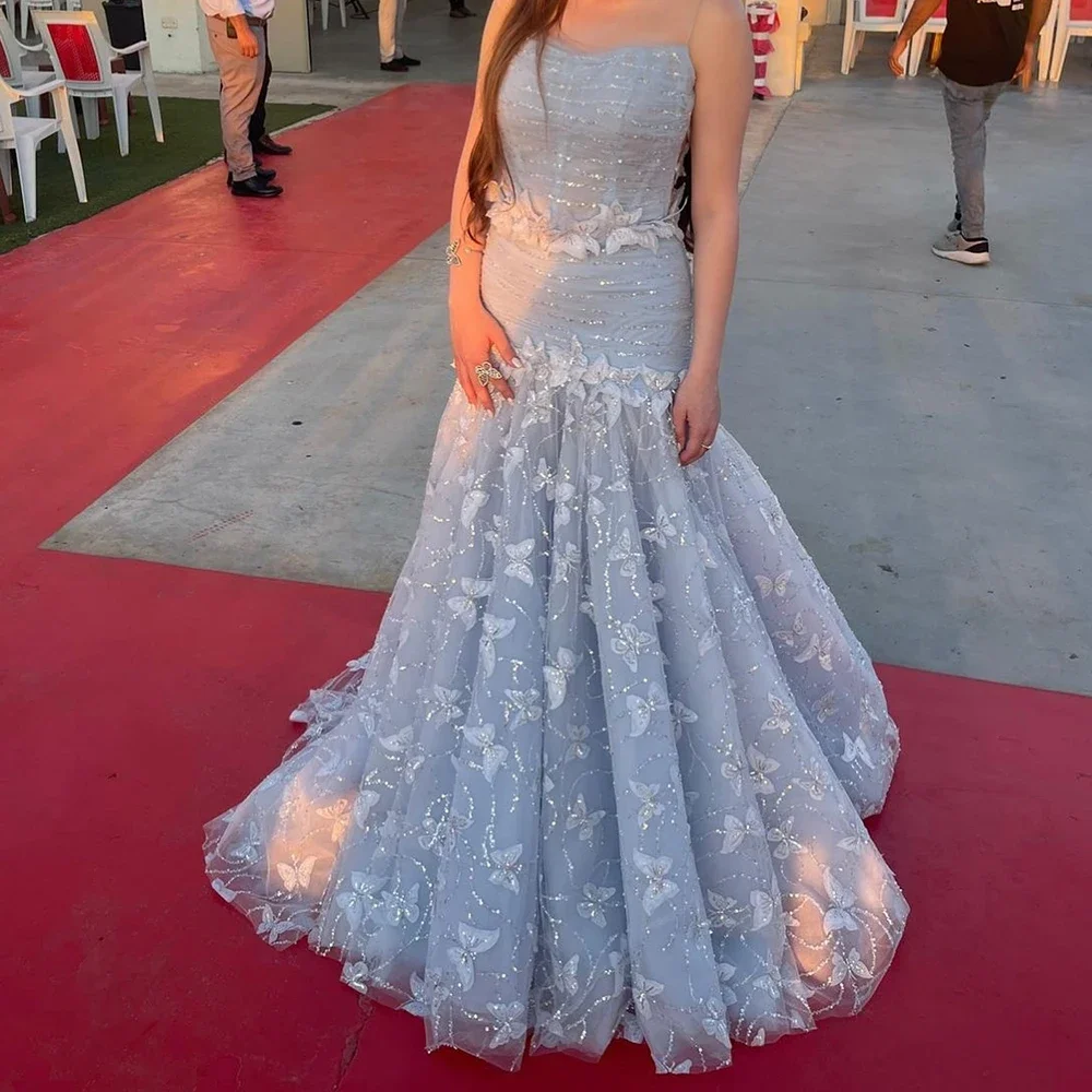 

Exquisite Lace Sequined Evening Dresses 2025 Strapless Sweep Train Appliqes Dress Pretty Women Celebrity Party Long Gowns