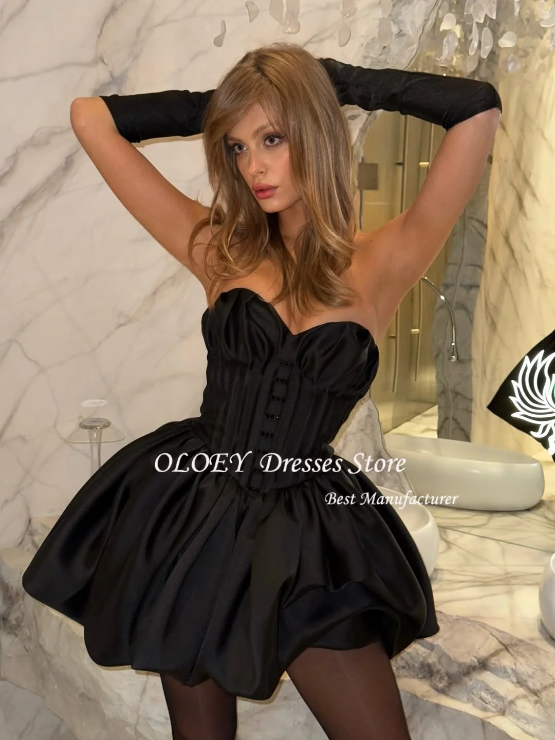 OLOEY  Black A Line Satin Mini Prom Dress Short Sweetheart Dress Party Night Sexy Backless Vestidos De Graduación Customized