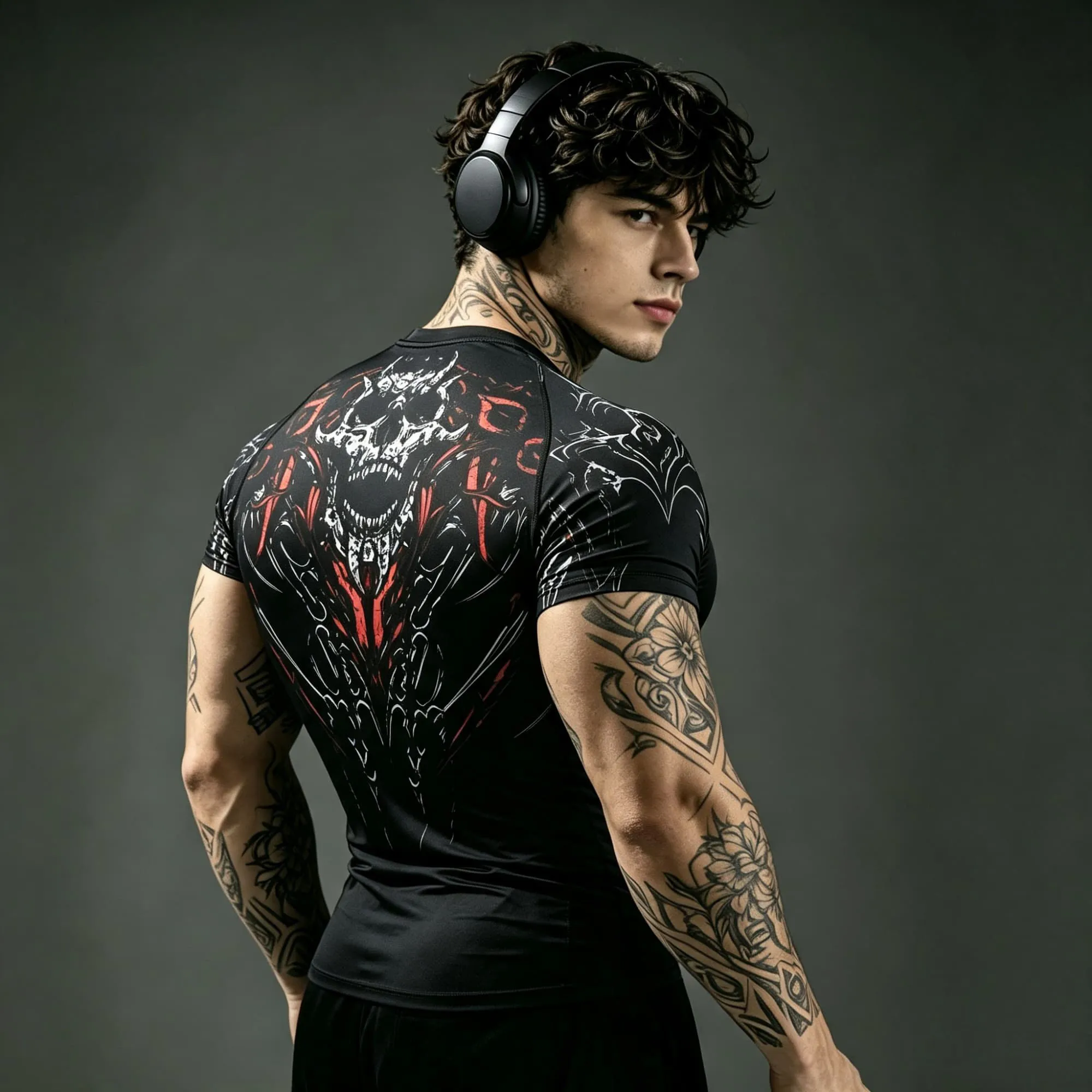 Herren Gothic Abstrakt Bedrucktes Kompressions-T-Shirt Schnelltrocknend Elastisch Kurzarm Fitness Bodybuilding Workout Sport-Oberteil – Detail 3