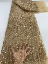 Tecido De Renda De Tule Frisado Africano, Nigeriano Artesanal Pesado Lantejoulas Pérolas Tecido De Renda, Francês Vestidos De Noiva, Ouro, Luxo, 2024