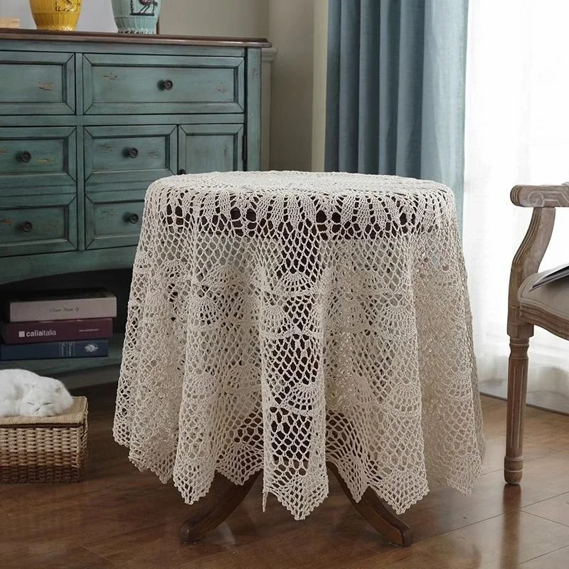Household Wear Resistant Anti Slip Tablecloth Handmade Knitted Lace Dust Cover Cloth Round Crochet Hook Flower TV Cover Desk Mat