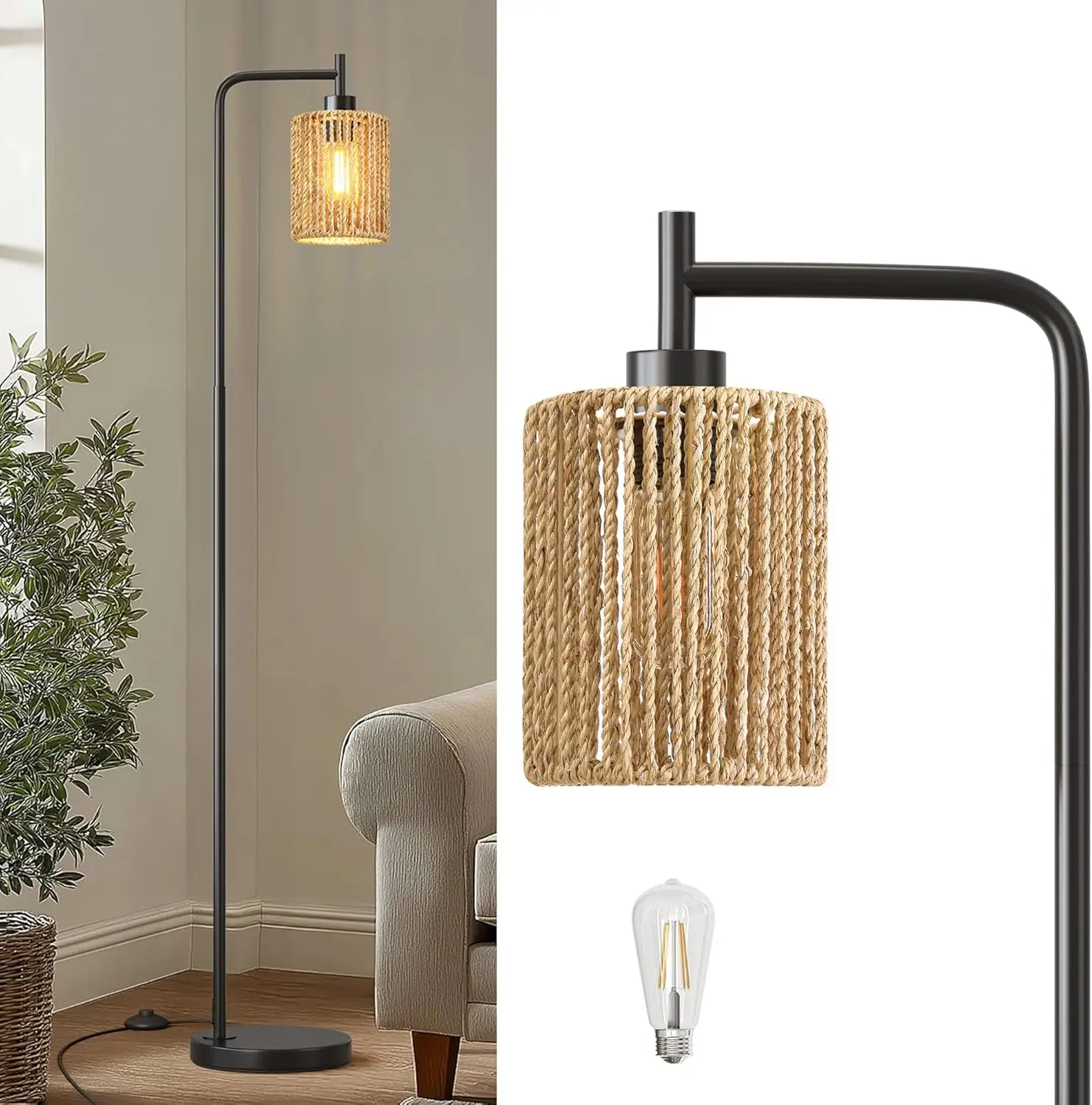 

66" Black Floor Lamp with Rattan Shade, LED Bulb, and Foot Switch for Living Room, Bedroom, Office