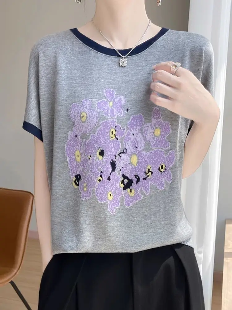 Faionable Mommy Ice Silk Gestricktes T-Shirt Loose Fit ort Sve Bedrucktes lässiges Top Ele Young Sle Sommer atmungsaktiv