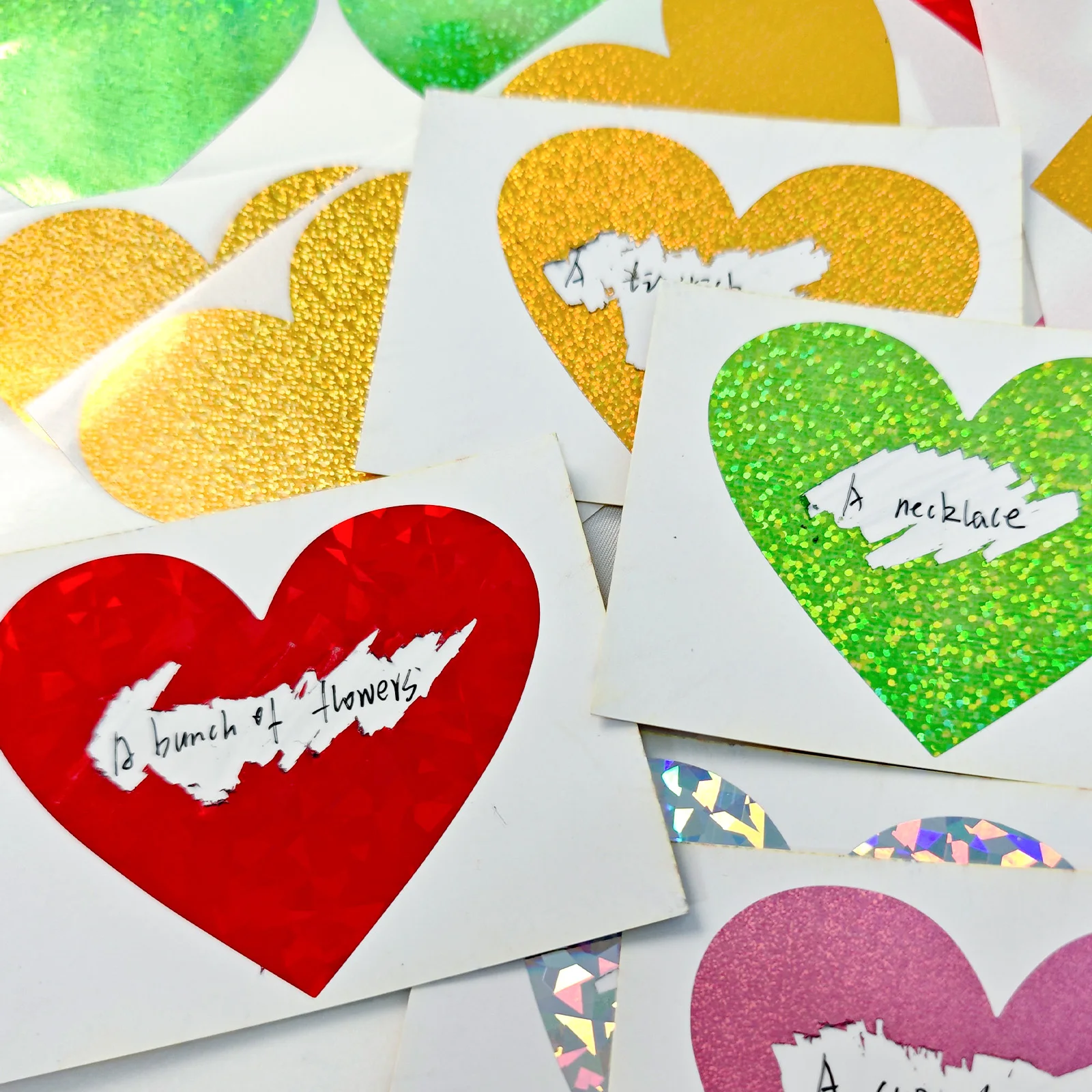 Holographic Heart Scratch off Stickers 70x80mm Self Adhesive Love DIY Valentine's Day Scratch Card for Romantic Fun