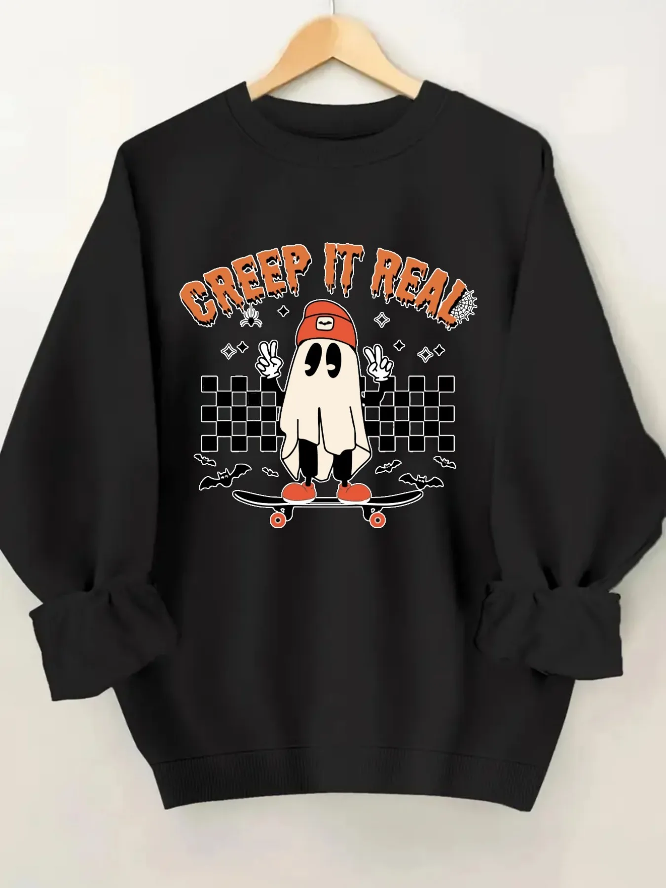 Women's Crew Neck Pullover Sweatshirt Creep It Real Design, Soft Casual Long Sleeve, Daily Casual Top Outfit, Winter Women's Clothing, Halloween Costume Outfit