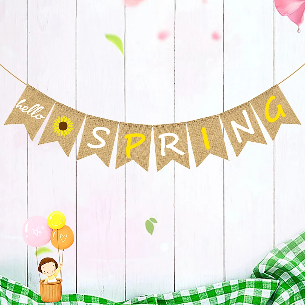 1Set Sunflower Fishtail Banner Linen Hello Spring Decorative Party Flags Holiday Wall Hanging Backdrop Banner Christmas String