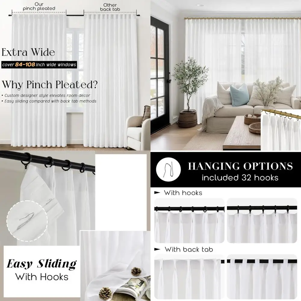 

Sheer 96 White Linen Pinch Pleated Curtains, 70 Wide, 2-Panel Set for Home Decor