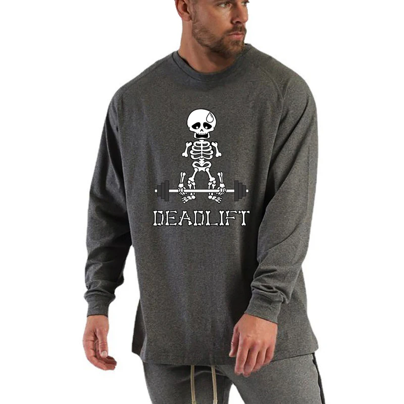 Human Skeleton Deadlift Barbell Gym Clothes Men Fitness Bodybuilding Oversized T-Shirt Cotton Breathable Long Sleeve Loose Shirt