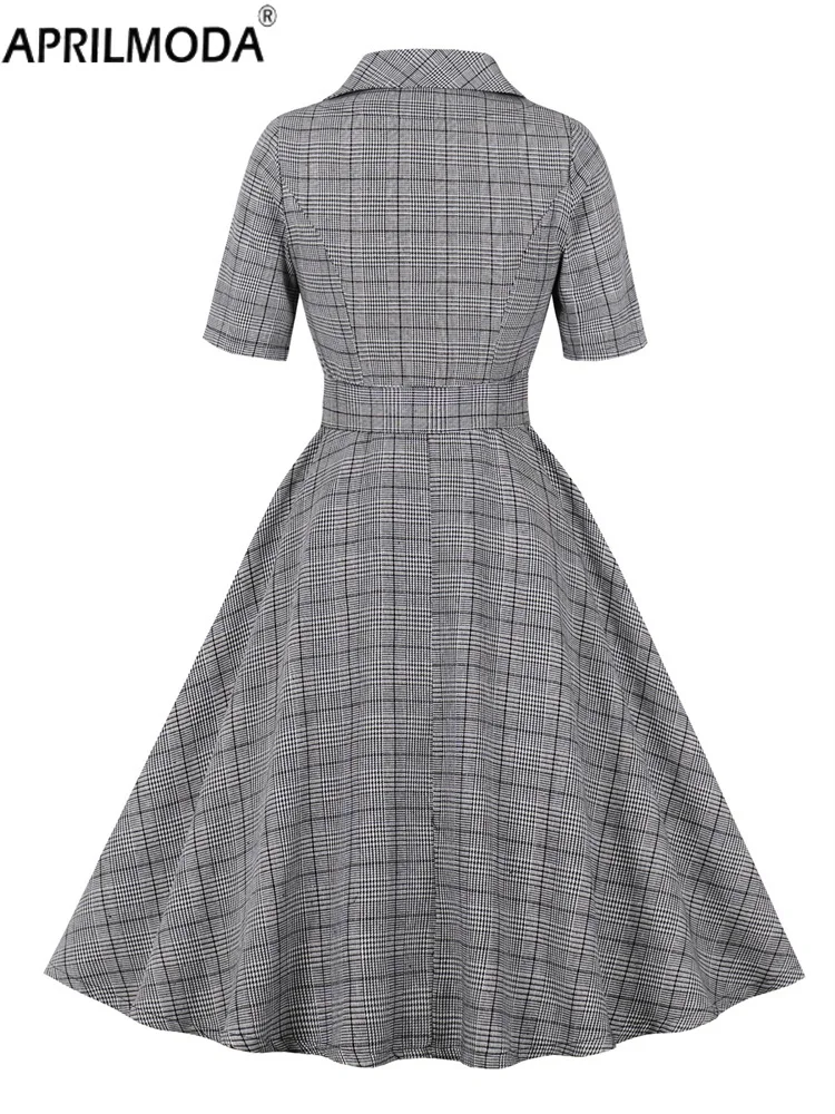 Sukienka damska w stylu retro Hepburn, jednorzędowa, z kieszenią, kołnierzykiem w stylu lat 50., szara koszula w kratę, sukienka biurowa codzienna.