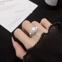 White Adjustable Pearl Rings for Women,Elegant Real 925 Sterling Silver Wedding Pearl Ring Mom Wife Birthday Gift