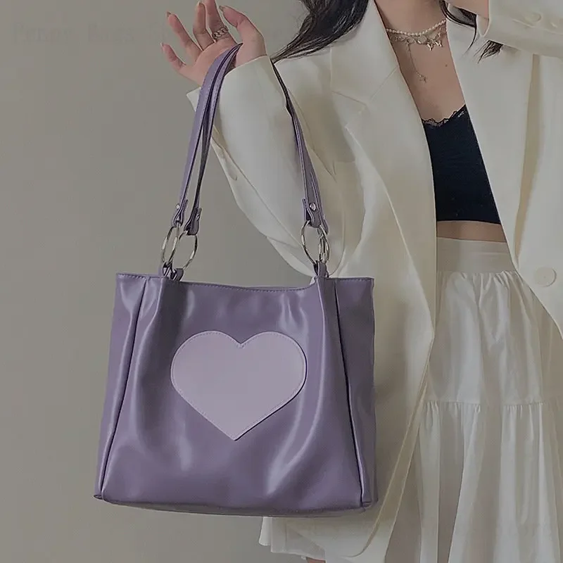 PU Leather Shoulder Bag Large Capacity Tote Bag Women Heart Print Soft Tote  Luxury Ladies Shopping