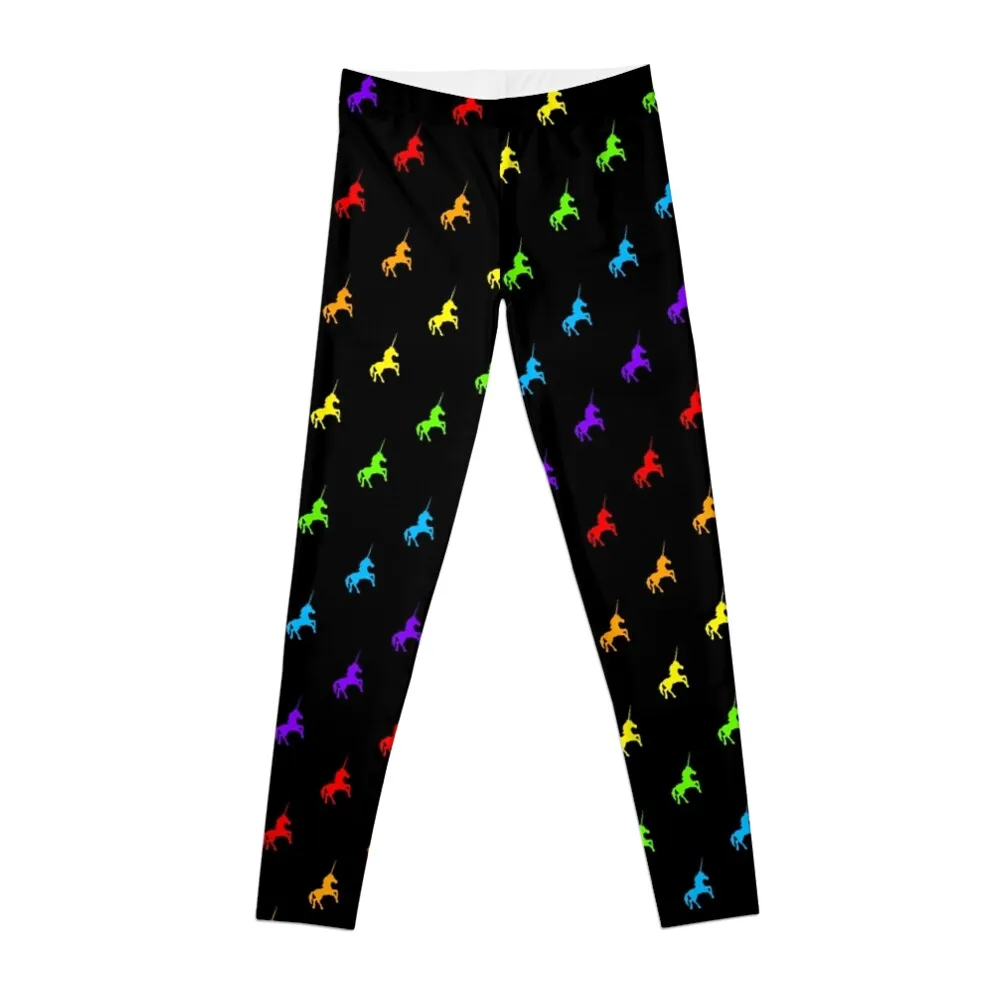 

Rainbow unicorn pattern on black background Leggings flared Tight fitting woman gym clothing for physical Womens Leggings