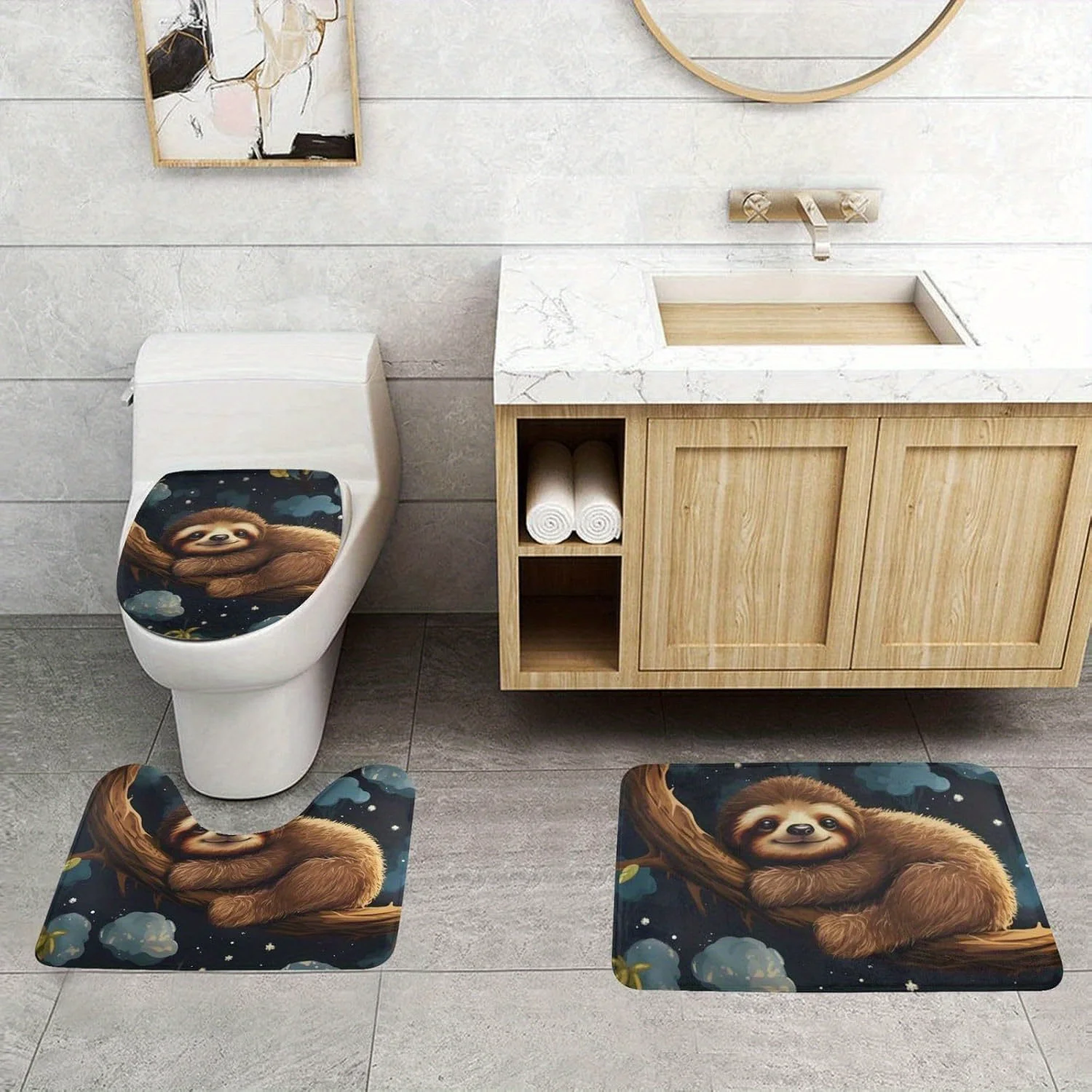 3pcs sloth sleeping pattern bathroom floor mat, made of soft flannel material, non-slip and washable. It is used for bathroom ho